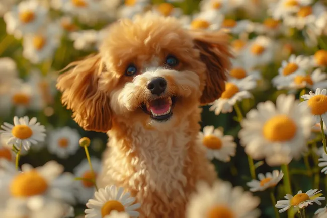 Fröhlicher Hund im Blumenfeld - Niedlicher Pudel in der Natur