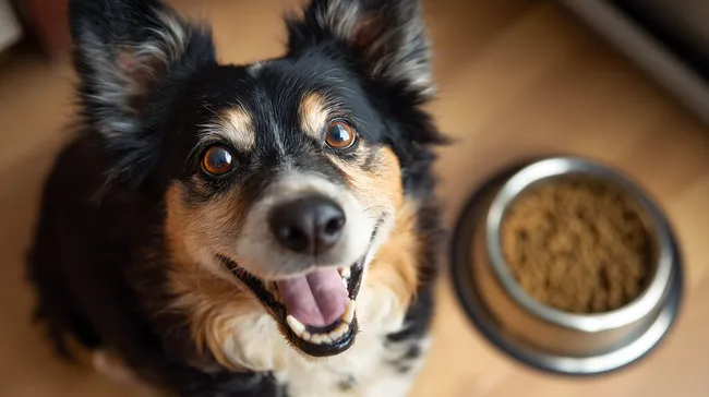 Fröhlicher Hund mit Futternapf auf Holzboden