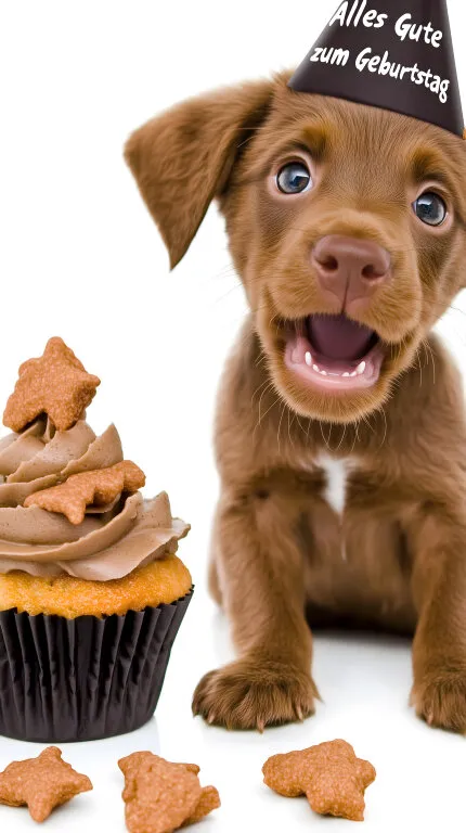 Fröhlicher Hund mit Geburtstagsmuffin