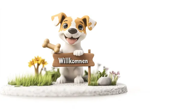 Fröhlicher Hund mit Willkommensschild und Knochen