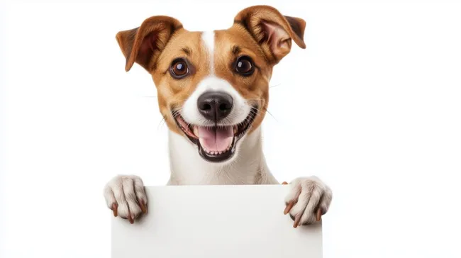 Fröhlicher Hund präsentiert leeres Schild