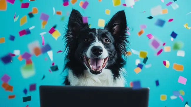 Fröhlicher Hund schaut aus Laptop mit buntem Konfetti