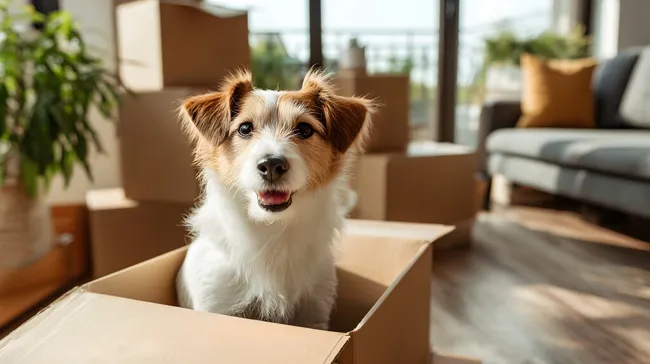 Fröhlicher Hund sitzt in Umzugskarton im Wohnzimmer