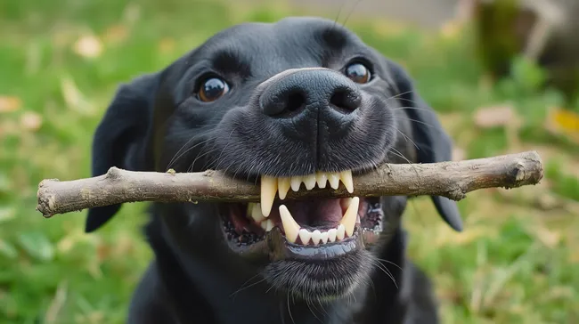 Fröhlicher Hund spielt mit Stock in der Natur