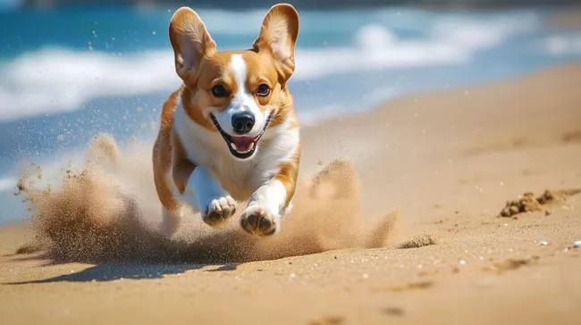 Fröhlicher Hund springt am Strand