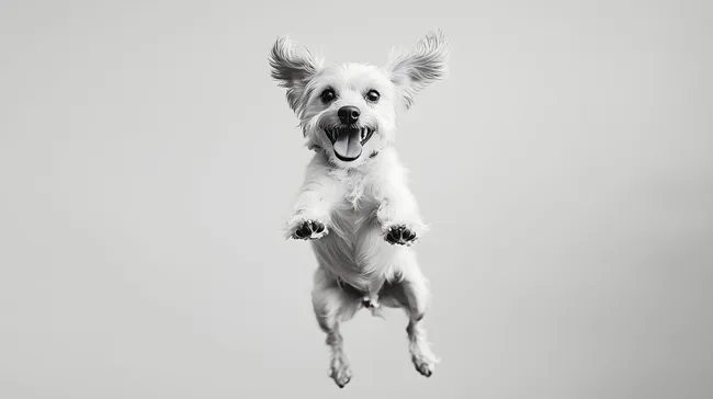 Fröhlicher Hund springt hoch mit wedelnden Ohren