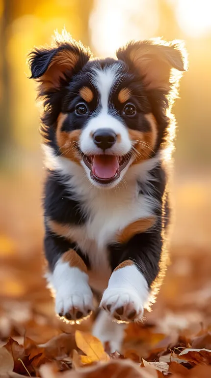 Fröhlicher Hund springt in Herbstlaub