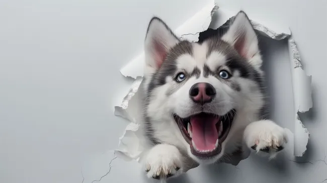 Fröhlicher Husky durchbricht weiße Wand mit Lächeln