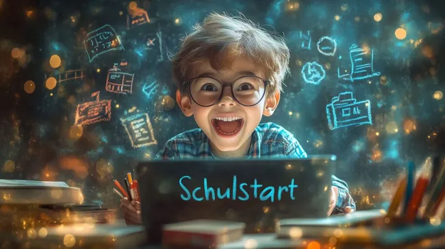 Fröhlicher Junge beim Schulstart mit strahlendem Lächeln