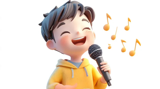 Fröhlicher Junge beim Singen mit Mikrofon