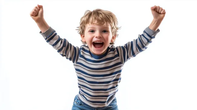 Fröhlicher Junge feiert Erfolg mit erhobenen Armen
