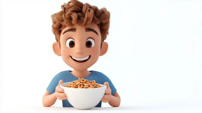 Fröhlicher Junge genießt seine Müslischüssel