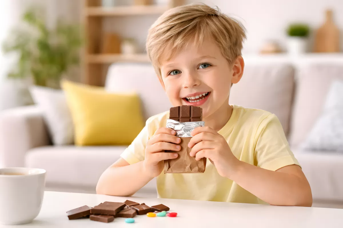 Fröhlicher Junge genießt seine Schokolade