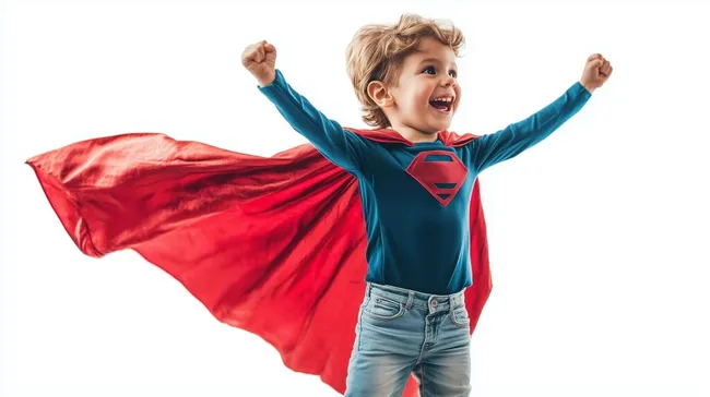 Fröhlicher Junge im Superheldenoutfit