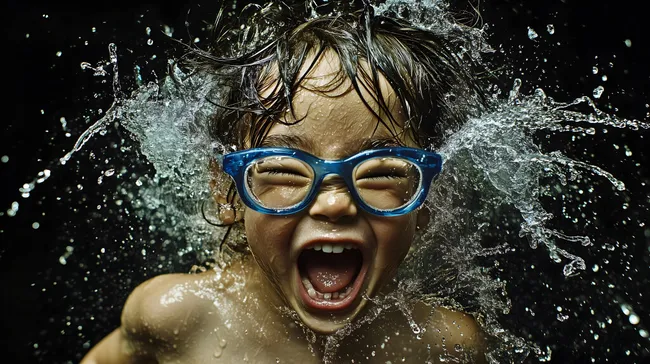 Fröhlicher Junge in Schwimmbrille unter Wasserfontäne