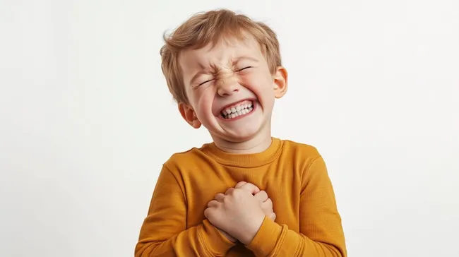 Fröhlicher Junge lacht in gelbem Pullover