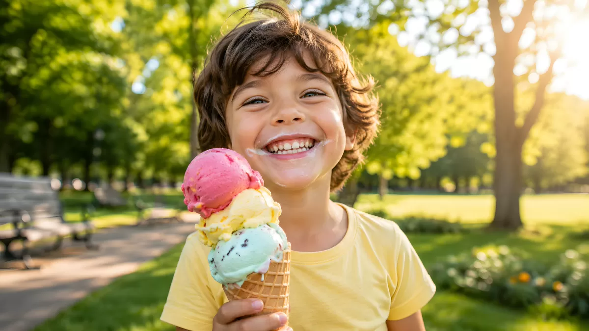 Fröhlicher Junge mit Eiswaffel im Sommerpark