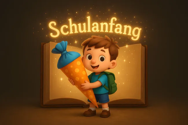 Fröhlicher Junge mit Schultüte vor leuchtendem Buch