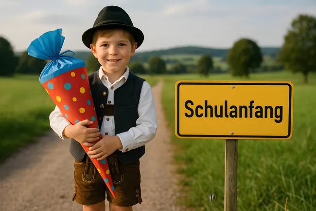 Fröhlicher Junge mit Schultüte zur Einschulung