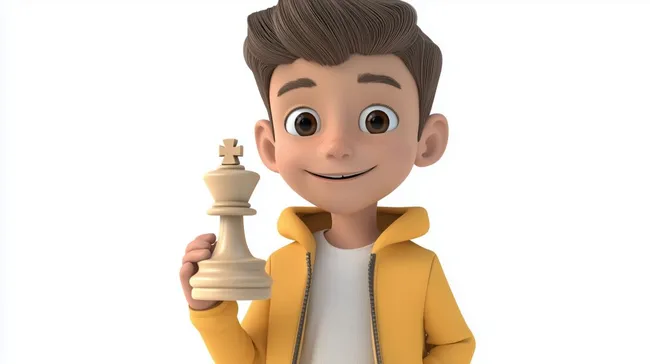 Fröhlicher Junge spielt mit Schachfigur