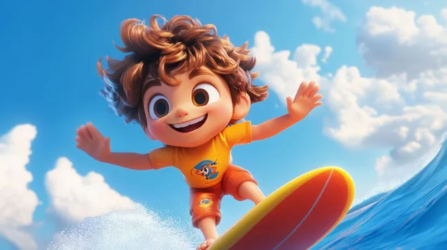 Fröhlicher Junge surft auf Surfbrett in blauem Himmel