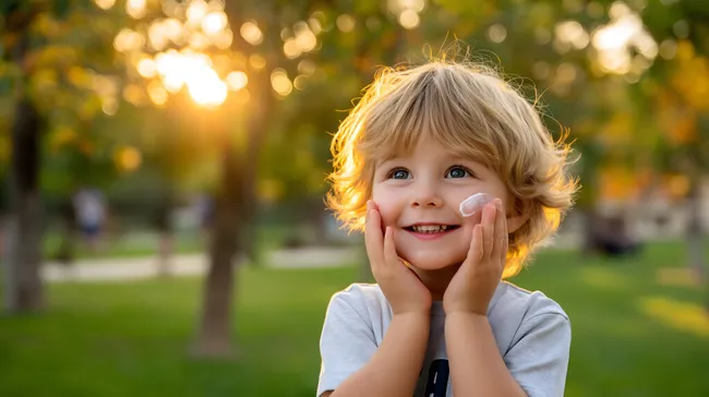 Fröhlicher Junge wendet Sonnencreme im Park an