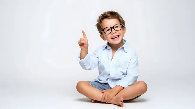 Fröhlicher Junge zeigt mit Finger nach oben