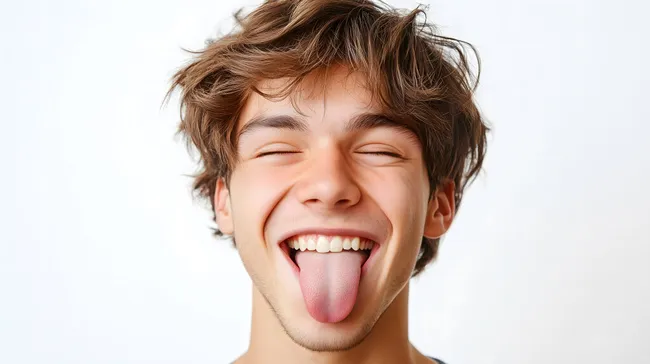 Fröhlicher junger Mann mit herausgestreckter Zunge