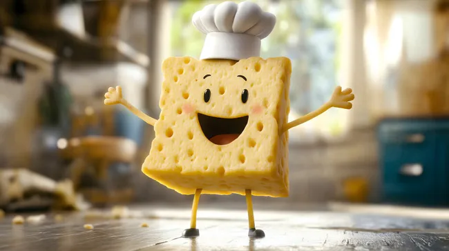 Fröhlicher Käsewürfel in Koch-Uniform als Cartoon-Maskottchen