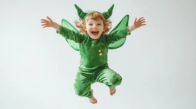 Fröhlicher Kobold in grünem Kostüm springt jubelnd