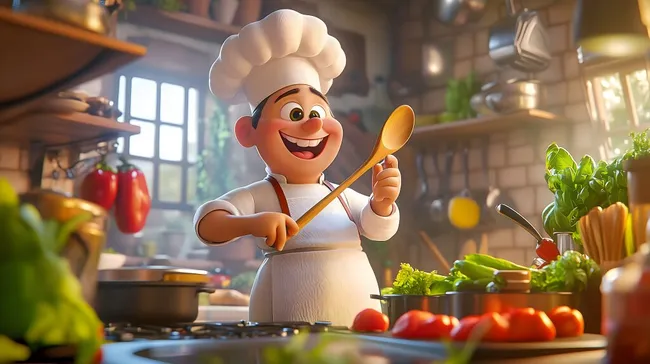 Fröhlicher Koch bereitet Frischen Tomatensalat in rustikaler Küche zu