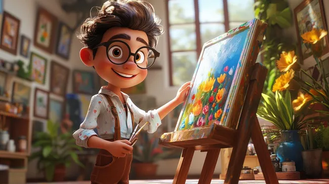 Fröhlicher Künstler beim Malen im hellen Atelierstudio