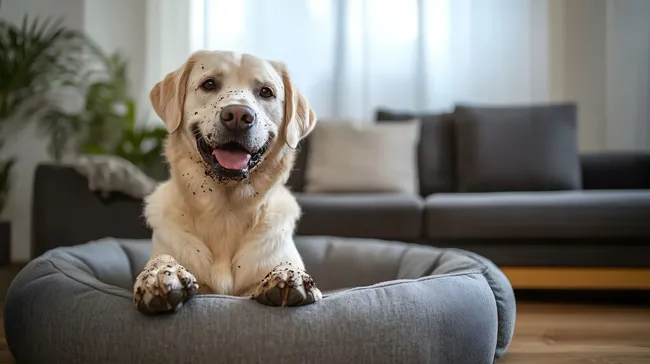 Fröhlicher Labrador mit Schmutzpfoten auf Sofa