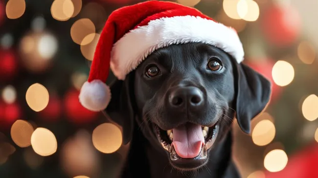 Fröhlicher Labrador mit Weihnachtsmütze