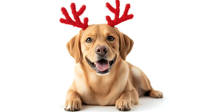 Fröhlicher Labrador-Retriever mit Rentiergeweih zu Weihnachten