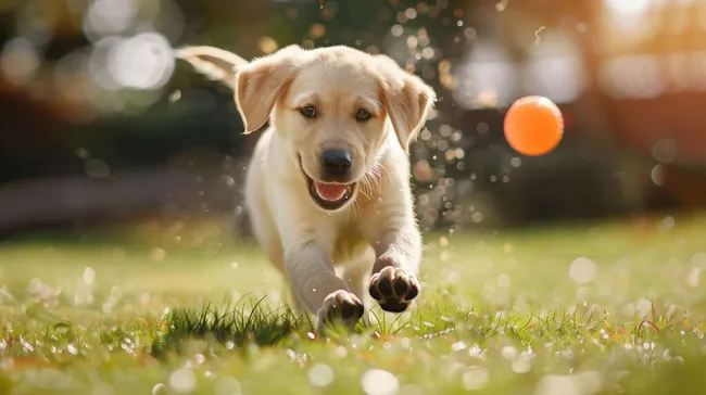 Fröhlicher Labrador-Welpe auf grüner Wiese