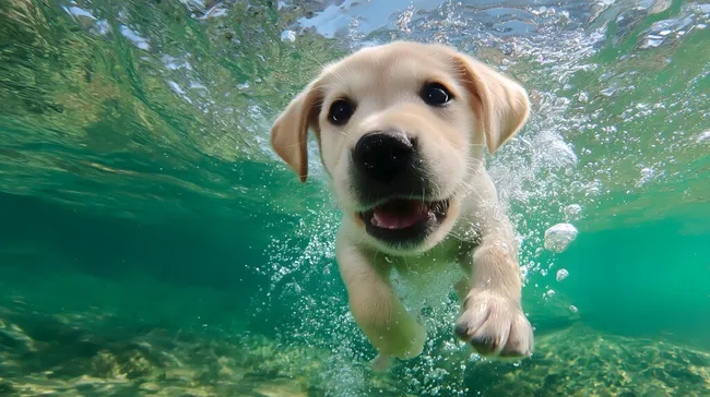 Fröhlicher Labrador-Welpe beim Schwimmen im Wasser