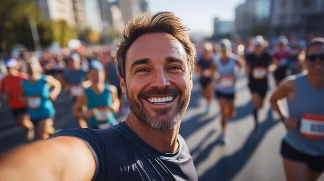 Fröhlicher Läufer bei Stadtmarathon-Selfie