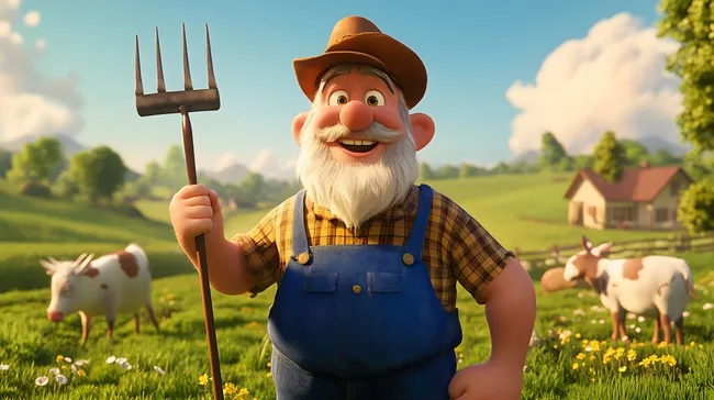 Fröhlicher Landwirt mit Heugabel auf grüner Wiese