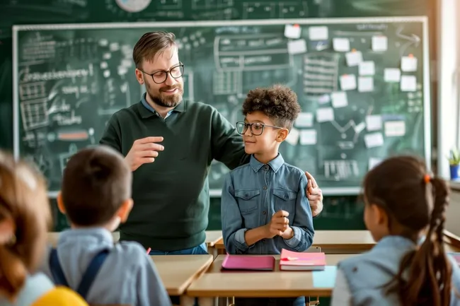 Fröhlicher Lehrer unterrichtet Schüler an der Tafel