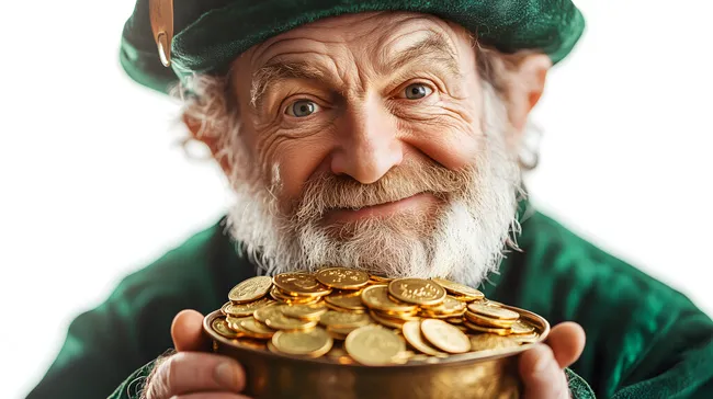 Fröhlicher Leprechaun mit Topf voller Goldmünzen