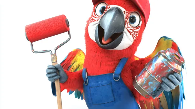 Fröhlicher Maler-Papagei mit Farbeimer und Rolle