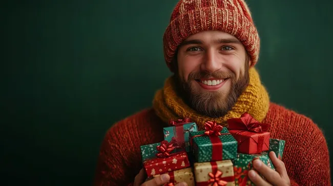 Fröhlicher Mann hält Geschenke vor dunklem Hintergrund