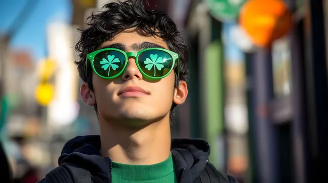 Fröhlicher Mann mit grüner Klee-Sonnenbrille an St. Patrick's Day