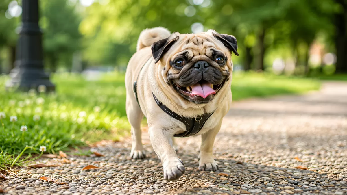 Fröhlicher Mops läuft auf Kiesweg im Park
