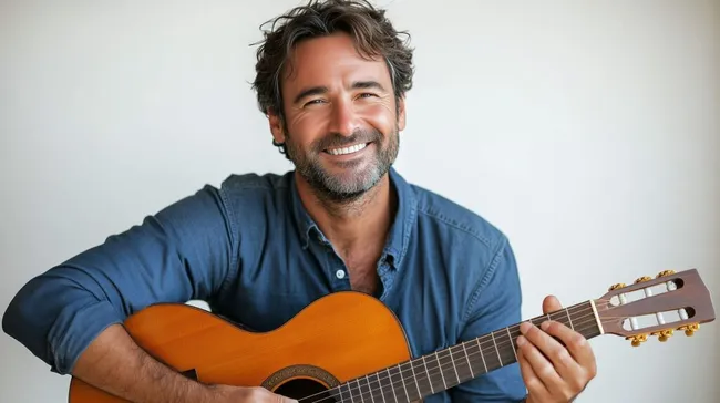 Fröhlicher Musiker mit akustischer Gitarre