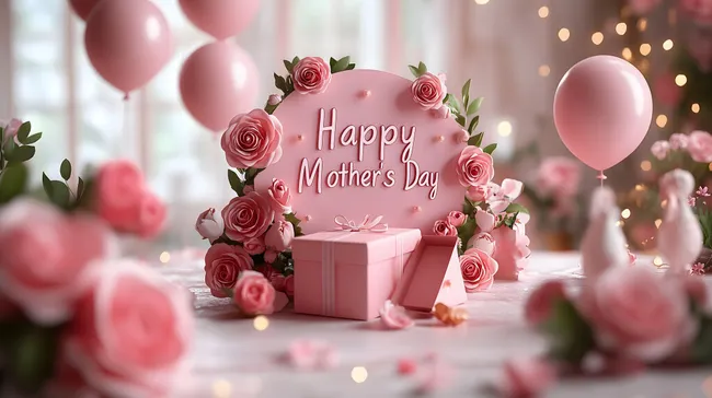 Fröhlicher Muttertagsgruß mit Blumen und Geschenkbox