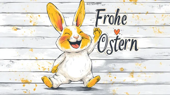 Fröhlicher Osterhase auf Holzbrettern