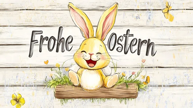 Fröhlicher Osterhase auf Holzplatte mit Grüßen