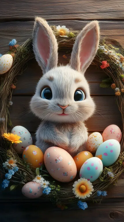 Fröhlicher Osterhase im Nest mit bunten Eiern